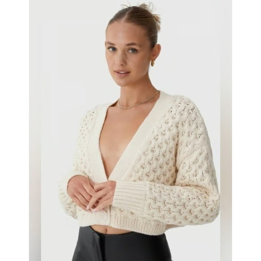 Finders Keepers Mabel Chunky Knit Cropped Cardigan Wool Blend Cream Size 4